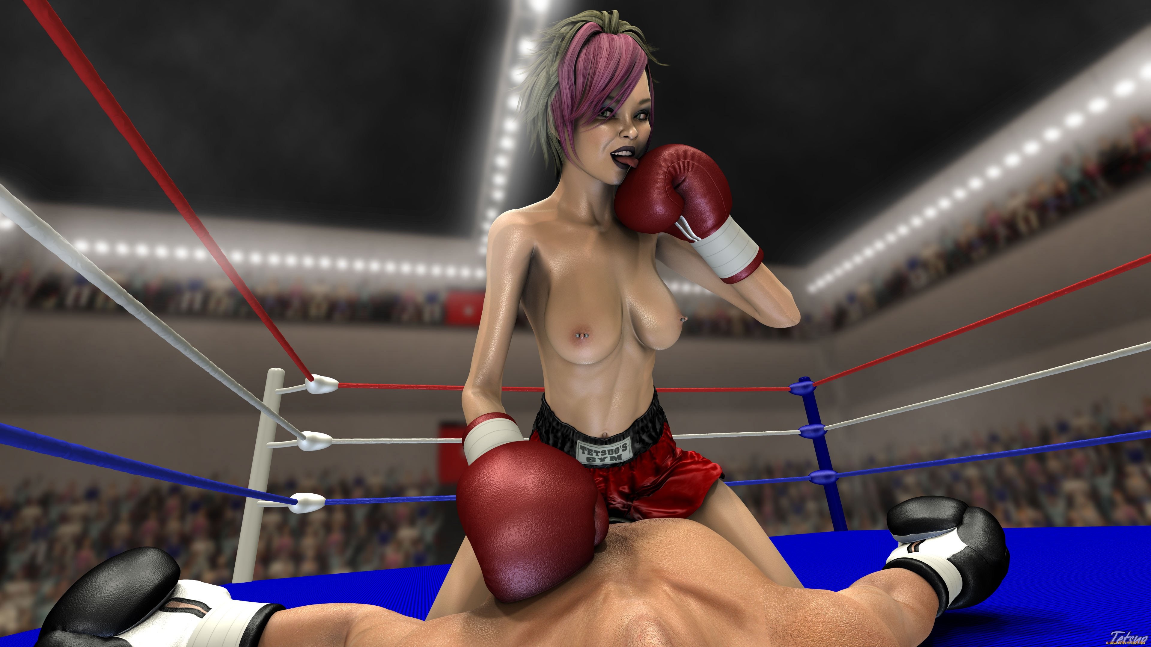 Три сексапильные девки трахаются с тренером на боксёрском ринге